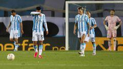 AVELLANEDA, ARGENTINA - OCTOBER 21: Players of Racing Club reacts after receiving a goal by Henry Plazas of Estudiantes de M&eacute;rida (not in frame) during a Group F match of Copa CONMEBOL Libertadores 2020 between Racing Club and Estudiantes de M&eacu