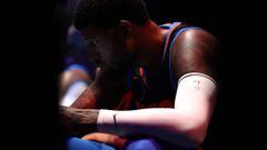 NEW YORK, NY - DECEMBER 16: Paul George #13 of the Oklahoma City Thunder looks on from the bench prior to starting the second quarter against the New York Knicks during their game at Madison Square Garden on December 16, 2017 in New York City. NOTE TO USER: User expressly acknowledges and agrees that, by downloading and or using this photograph, User is consenting to the terms and conditions of the Getty Images License Agreement.   Abbie Parr/Getty Images/AFP == FOR NEWSPAPERS, INTERNET, TELCOS &amp; TELEVISION USE ONLY ==