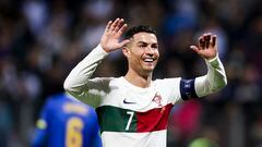 Cristiano Ronaldo celebrates one of his two goals against Bosnia.