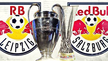 Familiar | logos of RB Leipzig and RB Salzburgo with the Champions League and Europa League trophies.