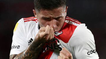 River Plate's Enzo Fernandez celebrates after scoring a goal against Argentinos Juniors during their Argentine Professional Football League match at Monumental stadium in Buenos Aires, on April 10, 2022. (Photo by ALEJANDRO PAGNI / AFP) (Photo by ALEJANDRO PAGNI/AFP via Getty Images)