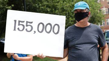 A man holds a sign reading &quot;155,000&quot; to represent the number of victims of the coronavirus disease (COVID-19) in the U.S., while U.S. President Donal Trump plays golf at Trump National Golf Club, in Sterling, Virginia, U.S., August 2, 2020. REUT