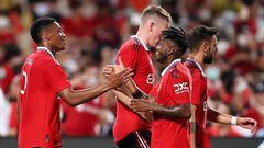 BANGKOK, THAILAND - JULY 12: Anthony Martial #9 (L) of Manchester United celebrates with his teammates after scoring their third goal against Liverpool during the first half of a preseason friendly match at Rajamangala National Stadium on July 12, 2022 in Bangkok, Thailand. (Photo by Pakawich Damrongkiattisak/Getty Images)
