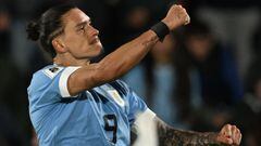 Uruguay's forward Darwin Nunez celebrates after scoring during the 2026 FIFA World Cup South American qualification football match between Uruguay and Colombia at the Centenario Stadium in Montevideo on October 17, 2023. (Photo by Eitan ABRAMOVICH / AFP)