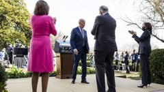 US President Joe Biden (C-L), along with Speaker of the House Nancy Pelosi (L), Senate Majority Leader Chuck Schumer (C-R) and Vice President Kamala Harris (R) departs after making remarks on the American Rescue Plan from the Rose Garden of the White Hous