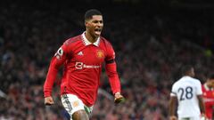 MANCHESTER, ENGLAND - FEBRUARY 04: Marcus Rashford of Manchester United celebrates his goal to make it 2-0 during the Premier League match between Manchester United and Crystal Palace at Old Trafford on February 04, 2023 in Manchester, England. (Photo by Michael Regan/Getty Images)