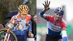 (COMBO) This combination of pictures created on November 18, 2016 shows Dutch Adrie Van der Poel (R) climbing a hill during the French cross country Grand Prix, part of the World Cup, on January 17, 1999 in Nommay, eastern France and his son Dutch cyclist
