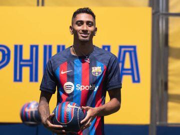 New signing Raphinha during his unveiling as a Barcelona player.
