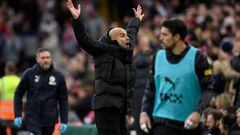 Manchester City's Spanish manager Pep Guardiola gestures on the touchline during the English Premier League football match between Liverpool and Manchester City at Anfield in Liverpool, north west England on October 16, 2022.