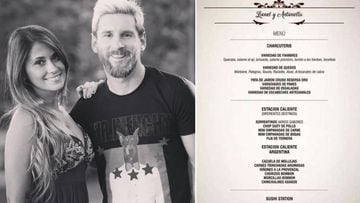 Una imagen de Lionel Messi y Antonella Roccuzzo y otra con el presunto menú de su boda
