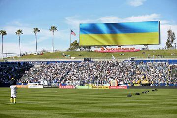 Feb 27, 2022; Carson, California, USA; A general view before the game between the Los Angeles Galaxy and New York City as the video board shows the colors of the flag of Ukraine at Dignity Health Sports Park.