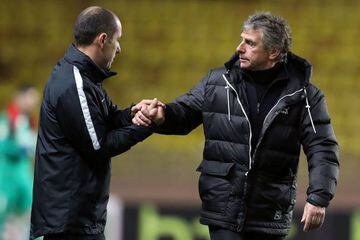 Monaco's Portuguese coach Leonardo Jardim shakes hand with Rennes' French coach Christian Gourcuff during a French League Cup football match