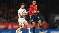 BARCELONA, SPAIN - MARCH 26: Rodri of Spain is challenged by Keidi Bare of Albania during the International Friendly match between Spain and Albania at RCDE Stadium on March 26, 2022 in Barcelona, Spain.  (Photo by David Ramos/Getty Images)