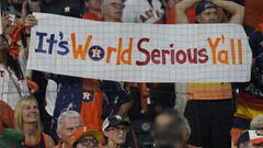 Houston Astros fans hold a sign from the stands after the Astros defeated the Boston Red Sox to advance to the World Series after game six of the 2021 ALCS at Minute Maid Park.