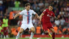 LIVERPOOL, ENGLAND - AUGUST 15: Darwin Nunez of Liverpool battles for possession with Joachim Andersen of Crystal Palace  during the Premier League match between Liverpool FC and Crystal Palace at Anfield on August 15, 2022 in Liverpool, England. (Photo by Clive Brunskill/Getty Images)
