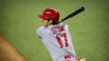 Sep 30, 2021; Arlington, Texas, USA; Los Angeles Angels designated hitter Shohei Ohtani (17) hits a double against the Texas Rangers during the sixth inning at Globe Life Field. Mandatory Credit: Jerome Miron-USA TODAY Sports
