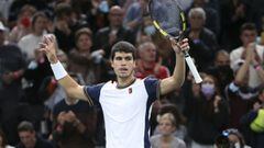 Carlos Alcaraz of Spain celebrates his first round victory over Pierre-Hughes Herbert of France during day 2 of the Rolex Paris Masters 2021, an ATP Masters 1000 tennis tournament on November 2, 2021 at Accor Arena in Paris, France - Photo Jean Catuffe / 