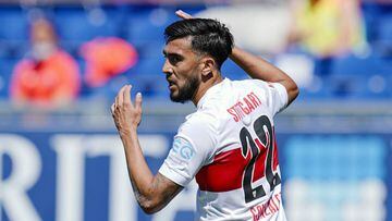 WIESBADEN, GERMANY - MAY 17: Nicolas Gonzalez of VfB Stuttgart reacts during the Second Bundesliga match between SV Wehen Wiesbaden and VfB Stuttgart at BRITA-Arena on May 17, 2020 in Wiesbaden, Germany. The Bundesliga and Second Bundesliga is the first professional league to resume the season after the nationwide lockdown due to the ongoing Coronavirus (COVID-19) pandemic. All matches until the end of the season will be played behind closed doors. (Photo by Uwe Anspach/Pool via Getty Images)