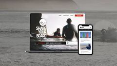 La plataforma Share Your Board para compartir tablas de surf en su versi&oacute;n web y su versi&oacute;n m&oacute;vil, con una imagen surfeando de fondo. 