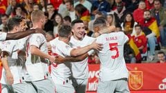 Manuel Akanji of Switzerland celebrates after scoring his team's first goal with teammates during the UEFA Nations League League A Group 2 match between Spain and Switzerland at La Romareda.