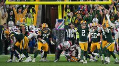 Green Bay Packers place kicker Mason Crosby (2) reacts after kicking a game-winning field goal during the second quarter of their game Sunday, October 2, 2022 at Lambeau Field in Green Bay, Wis.