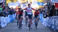 ALTO DE PINOS, SPAIN - FEBRUARY 02: Giulio Ciccone of Italy and Team Trek – Segafredo celebrates at finish line as stage winner ahead of Tao Geoghegan Hart of The United Kingdom and Team INEOS Grenadiers (L) and Pello Bilbao of Spain and Team Bahrain – Victorious (R) during the 74th Volta a la Comunitat Valenciana 2023, Stage 2 a 178.2km stage from Novelda to Alto de Pinos 621m / #VCV2023 / #VoltaValenciana / on February 02, 2023 in Alto de Pinos, Spain. (Photo by Dario Belingheri/Getty Images)
