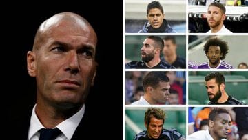 Zidane y los defensas del Real Madrid.