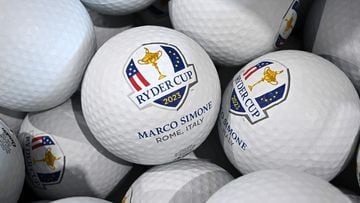 Ryder Cup golf balls are seen on display in the shop ahead of the 44th Ryder Cup at the Marco Simone Golf and Country Club in Rome on September 26, 2023. (Photo by Paul ELLIS / AFP)