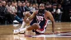 NEW YORK, NEW YORK - NOVEMBER 30: James Harden #13 of the Brooklyn Nets reacts after stumbling against the New York Knicks at Barclays Center on November 30, 2021 in the Brooklyn borough of New York City. NOTE TO USER: User expressly acknowledges and agre