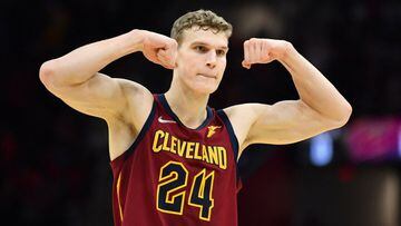 Mar 18, 2022; Cleveland, Ohio, USA;  Cleveland Cavaliers forward Lauri Markkanen (24) reacts after a basket during the second half against the Denver Nuggets at Rocket Mortgage FieldHouse. Mandatory Credit: Ken Blaze-USA TODAY Sports