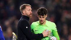 Chelsea manager Graham Potter with Kepa Arrizabalaga after the Premier League match at the Gtech Community Stadium, London. Picture date: Wednesday October 19, 2022. (Photo by John Walton/PA Images via Getty Images)