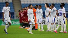 Al-Hilal&#039;s players, maintain distance, as they make their way to the field during the AFC Champions League group B match between Iran&#039;s Shahr Khodro and Saudi&#039;s Al-Hilal on September 20, 2020, at the Al-Janoub Stadium International Stadium 