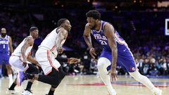 PHILADELPHIA, PENNSYLVANIA - FEBRUARY 27: Joel Embiid #21 of the Philadelphia 76ers drives past Bam Adebayo #13 of the Miami Heat during the first quarter at Wells Fargo Center on February 27, 2023 in Philadelphia, Pennsylvania. NOTE TO USER: User expressly acknowledges and agrees that, by downloading and or using this photograph, User is consenting to the terms and conditions of the Getty Images License Agreement.   Tim Nwachukwu/Getty Images/AFP (Photo by Tim Nwachukwu / GETTY IMAGES NORTH AMERICA / Getty Images via AFP)