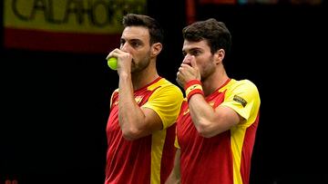 Tennis - Davis Cup - Group B - Spain v Republic of Korea - Pavello Municipal Font de Sant Lluis, Valencia, Spain - September 18, 2022 Spain's Marcel Granollers and Pedro Martinez during their doubles match against Republic of Korea's Nam Ji-sung and Song Min-kyu REUTERS/Pablo Morano