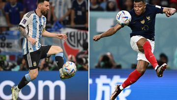 (COMBO) This combination photo created on December 15, 2022 during the Qatar 2022 World Cup football tournament shows Argentina's forward #10 Lionel Messi (L) in Al-Rayyan, west of Doha on December 3, 2022 and France's forward #10 Kylian Mbappe in Al-Wakrah, south of Doha on November 22, 2022. - Argentina will play France in the Qatar 2022 World Cup football final match in Doha on December 18, 2022. (Photo by Franck FIFE and Jewel SAMAD / AFP)