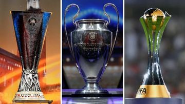 Los trofeos de campe&oacute;n de la Europa League, la Champions y el Mundial de Clubes.