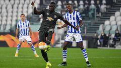 TURIN, ITALY - FEBRUARY 18: Eric Bailly of Manchester United battles for possession with Alexander Isak of Real Sociedad during the UEFA Europa League Round of 32 match between Real Sociedad and Manchester United at Allianz Stadium on February 18, 2021 in
