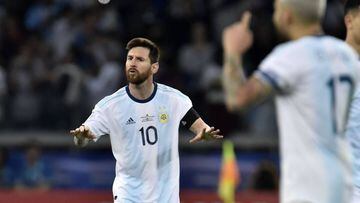 Argentina&#039;s Lionel Messi gestures after scoring a penalty against Paraguay which was awarded by the VAR after a hand in the area during their Copa America football tournament group match at the Mineirao Stadium in Belo Horizonte, Brazil, on June 19, 