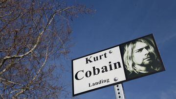 In this file photo a sign with the image of Kurt Cobain is seen in Kurt Cobain Park in Aberdeen, Washington on April 1, 2014.