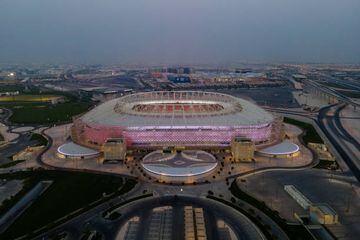  An aerial view of Ahmad Bin Ali stadium at sunset on June 23, 2022 in Al Rayyan, Qatar. Ahmad Bin Ali stadium, designed by Pattern Design studio is a host venue of the FIFA World Cup Qatar 2022 starting in November. 