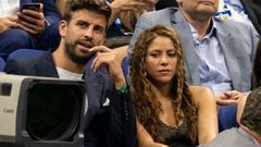 (FILES) This file photo taken on September 4, 2019 shows Spanish football player Gerard Pique and Colombian singer Shakira watching Rafael Nadal of Spain and Diego Schwartzman of Argentina during their Quarter-finals Men's Singles match at the 2019 US Open at the USTA Billie Jean King National Tennis Center in New York, - Colombian superstar Shakira and FC Barcelona defender Gerard Pique said on June 4, 2022  they were calling time on their relationship of more than a decade. The couple share two children. (Photo by Don EMMERT / AFP)