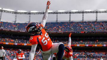 DENVER, COLORADO - OCTOBER 23: Bradley Chubb #55 of the Denver Broncos stretches during warmups before the game against the New York Jets at Empower Field At Mile High on October 23, 2022 in Denver, Colorado. (Photo by Justin Edmonds/Getty Images)