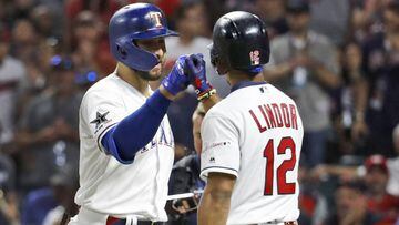 American League&#039;s Joey Gallo, left, of the Texas Rangers, is congratulated by American League teammate Francisco Lindor, of the Cleveland Indians, after Gallo hit a solo home run during the seventh inning of the MLB baseball All-Star Game, Tuesday, J
