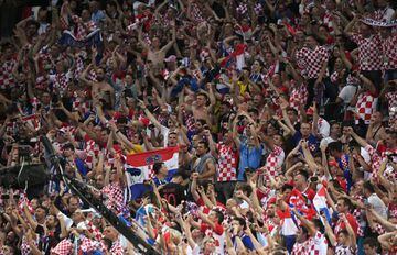 Fans of Croatia cheer during the 2018 FIFA World Cup Russia semi final match between Croatia and England at the Luzhniki Stadium on July 11, 2018 in Moscow, Russia.