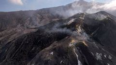 An aerial view of the main cone of the Cumbre Vieja volcano is seen in Tacande, on the Canary Island of La Palma, Spain, December 18, 2021. Picture taken with a drone. REUTERS/Borja Suarez