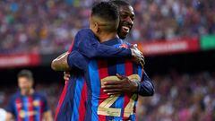 BARCELONA, SPAIN - AUGUST 07: Ousmane Dembele of FC Barcelona celebrates with Raphinha after scoring his team's third goal during the Joan Gamper Trophy match between FC Barcelona and Pumas UNAM at Spotify Camp Nou on August 07, 2022 in Barcelona, Spain. (Photo by Alex Caparros/Getty Images)