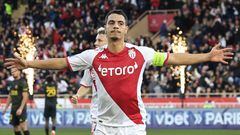 Monaco's French forward Wissam Ben Yedder celebrates after scoring a goal during the French L1 football match between Monaco and Paris Saint-Germain (PSG) at the Louis II stadium in Monaco on February 11, 2023. (Photo by Valery HACHE / AFP)