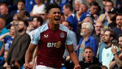 Aston Villa's English striker #11 Ollie Watkins celebrates after scoring the opening goal of the English Premier League football match between Chelsea and Aston Villa at Stamford Bridge in London on September 24, 2023. (Photo by Ian Kington / AFP) / RESTRICTED TO EDITORIAL USE. No use with unauthorized audio, video, data, fixture lists, club/league logos or 'live' services. Online in-match use limited to 120 images. An additional 40 images may be used in extra time. No video emulation. Social media in-match use limited to 120 images. An additional 40 images may be used in extra time. No use in betting publications, games or single club/league/player publications. / 