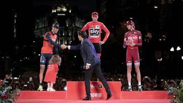 El podio de La Vuelta: Nibali (2&ordm;), Froome (1&ordm;) y Zakarin (3&ordm;).