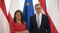 17 May 2022, Poland, Warsaw: Polish Prime Minister Mateusz Morawiecki (R) receives Hungarian President Katalin Novak prior to their talks. Photo: Aleksander Kalka/ZUMA Press Wire/dpa
 17/05/2022 ONLY FOR USE IN SPAIN
